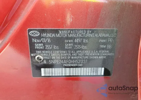2017 Hyundai Sonata Se z USA, uszkodzony, nr VIN 5NPE24AF0HH521227
